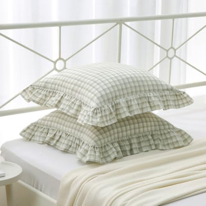 Mywinlle Gingham Ruffle Throw Pillow Shams, Muted Sage Green, 18"x18" - color: Muted Sage Green Gingham, size: 18" x 18" (Pack of 2)