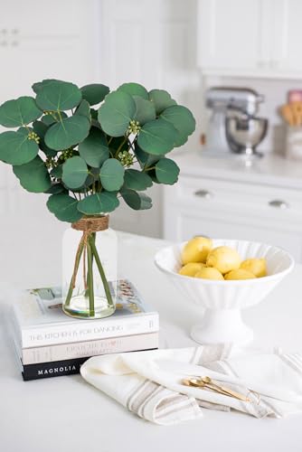 Artificial Eucalyptus Stems Fake Plants in Glass Vase with Faux Water - color: Dark Green