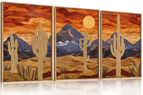 HPNIUB Mountains Desert Framed Canvas Wall Art Set, Abstract Sun Art Prints, Modern Cactus Paintings Artwork, Mid Century Southwestern Landscape Wall Decor for Living Room, Bedroom, Office-16 x24 x3 - color: Abstract Cactus Wall Art, size: 16"L x 24"W