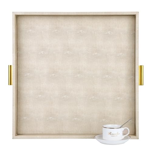 HofferRuffer Elegant Decorative Serving Tray, 20"x20" Square Faux Leather Ottoman Tray with Gold Hardware Handles, Coffee Table Serve Tea Coffee or Breakfast (Light Grey, 20" x 20" x 2") - color: Light Grey, size: 20" x 20" x 2"