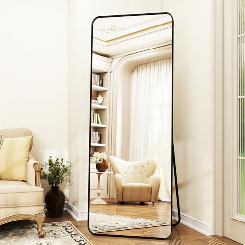 Full Length Mirror 23"x66", Large Floor Mirror with Rectangle Rounded Corners, Gold Aluminum Alloy Frame, Wall Mirror for Full Body - color: Black, size: 66"L x 23"W