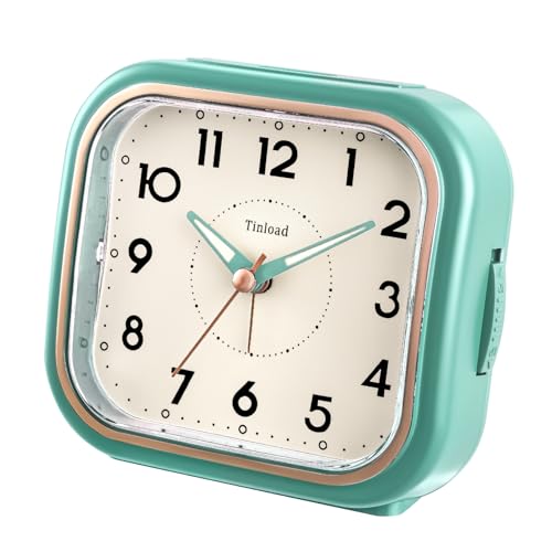 Tinload 4.3" Vintage Retro Analog Alarm Clock, Super Silent Non Ticking Clock with Manual Light, Snooze, Battery Operated, Simply Design, for Living Room, Bedroom, Bedside, Desk(Green) - style: Green-RoseGold