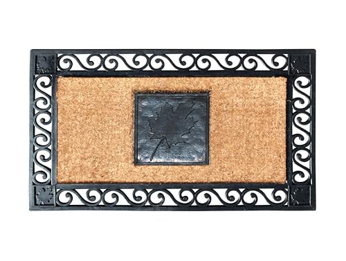 A1HC Natural Coir and Rubber Door Mat, 23" x 38", Thick Durable Doormats for Indoor Outdoor Entrance, Heavy Duty, Thin Profile Door Mat, Easy to Clean, Long Lasting, Front Door Entry Doormat - color: Maple Leaf Black, size: 1'11" x 3'2" (Rectangular)
