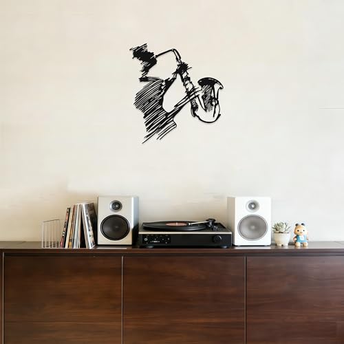 LumDecor Black Metal Jazz Saxophone Music Wall Art，Vintage Decor, Abstract Musical Instrument Wall Hanging, Musician Silhouette Deco Style, Antique Jazz Poster Decor, Gifts for Studio Bedroom Office
