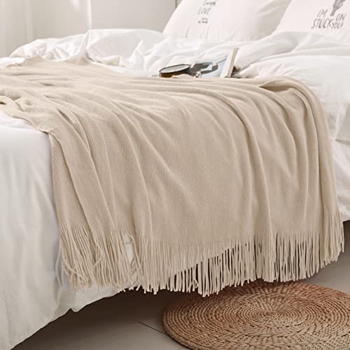 Homiest Taupe Knitted Throw Blanket with Fringe, 50x60 Inch - color: Light Beige, size: 50" x 60"