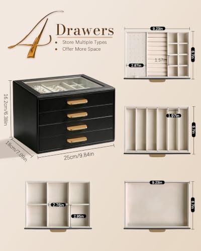 Homeanda Jewelry Boxes Organizer with Glass Lid, 4-Layer PU Leather, Black - color: Black, size: 4 Layer