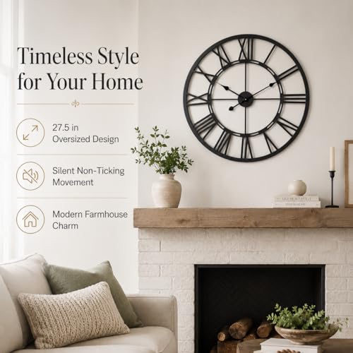 Large Wall Clock 27.5 Inch, Roman Numerals, Battery Operated, Black