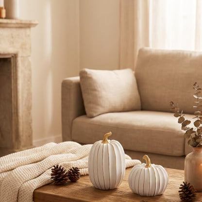 2Pcs Resin Pumpkin Figurines, Gold Stripe Fall Thanksgiving Decor - style: Gold Stripe Pumpkin