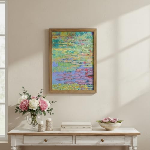 YBYBEST Water Lilies Wall Art Impressionist Pond Oil Painting Print on 300g Heavyweight Canvas, 12x16 Inch Framed Floral Canvas Wall Decor for Living Room Bedroom Office, Modern Botanical Picture Ready to Hang - color: WaterLily, size: 16"L x 12"W