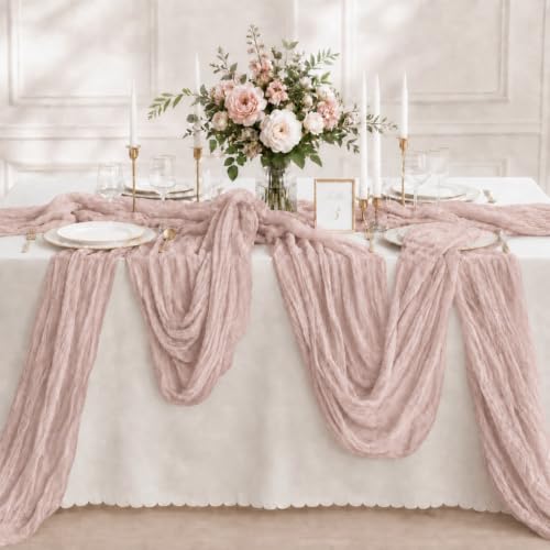 12 Pack Dusty Pink Cheesecloth Table Runners, 35 x 120 Inch Boho Gauze Table Runner, Soft Sheer Rustic Fabric Runner for Wedding Reception, Bridal Shower, Baby Shower, Farmhouse Table Decor - color: Dusty Pink, size: 12 pcs 35*120 Inch