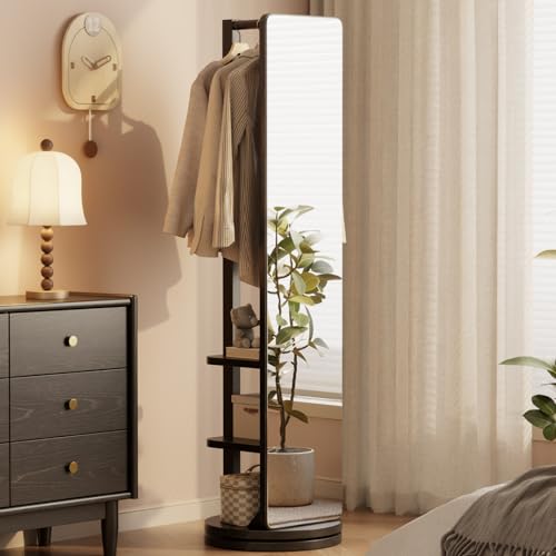 WoodsWhisper Full Length Mirror Coat Rack Solid Wood Floor Mirror 66"x12" Full Length Mirror with Stand Long Mirrors for Bedroom,Living Room (Black, 66" Lx12 W) - color: Black, size: 66"Lx12"W