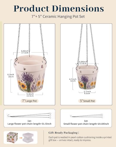 Stoneware Hanging Planters Set of 2, Large 7" + Small 5" - color: Set 2-lavender Fields