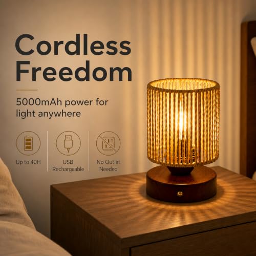 Cordless Rattan Table Lamp, 5000mAh Rechargeable Battery Operated Bedside Lamp with Edison Bulb, Stepless Dimmable Boho Cylinder Desk Light for Bedroom Living Room - color: USB Dimmable / Cylinder Shape