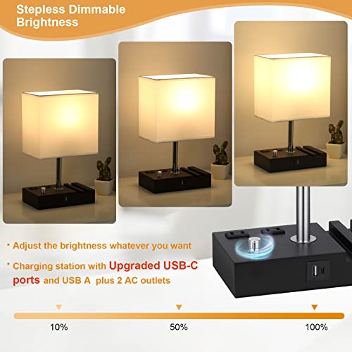 White Table Lamp for Bedroom - Stepless Dimmable, USB C+A, 2 AC Outlets - color: White with Knob Switch, size: 1 Pack