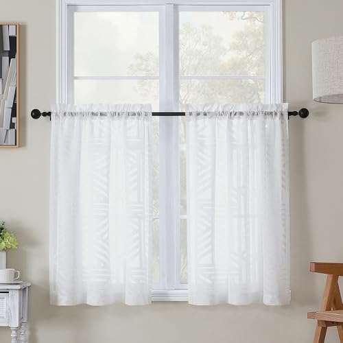 Simplebrand Semi Sheer White Curtains 36 Inch Length 2 Panels, Geometric Jacquard Clip Textured Short Sheer Curtains for Bedroom?Modern Elegant Window Curtains Panels/Drapes/Treatment, 28x36 inch - color: White, size: 30"W x 36"L (Pack of 2)