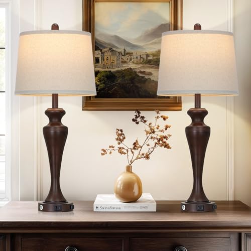 30" Brown Touch Table Lamps Set of 2, 3-Way Bedside Lamp with USB A+C Ports and AC Outlet, Tall Living Room Lamps for End Table, Modern Metal Bedroom Lamp for Night Stand - color: Brown-1