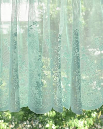 Molaxhome Kitchen Curtains Valance Blue Lace Floral Semi Sheer Curtain - color: Blue-green, size: 29"W x 35"L (Pack of 1)