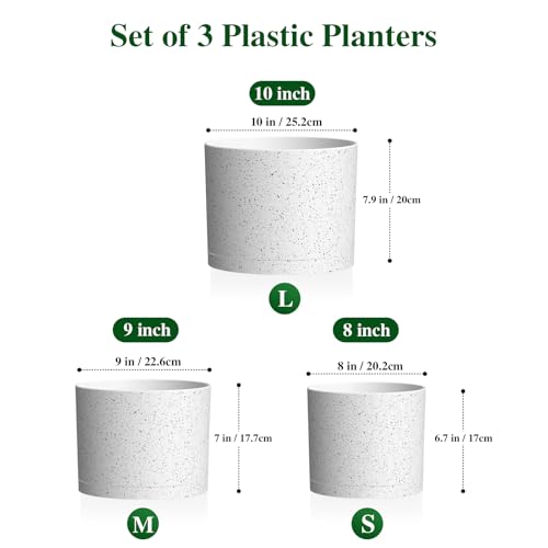 Plant Pots, 10/9/8 Inch 3 Pack Cylindrical Flower Pots with Drainage Holes and Saucers, Plastic Planters for Outdoor Indoor Plants,White with Black Speckles - color: White With Black Speckles