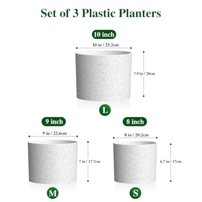 Plant Pots, 10/9/8 Inch 3 Pack Cylindrical Flower Pots with Drainage Holes and Saucers, Plastic Planters for Outdoor Indoor Plants,White with Black Speckles - color: White With Black Speckles
