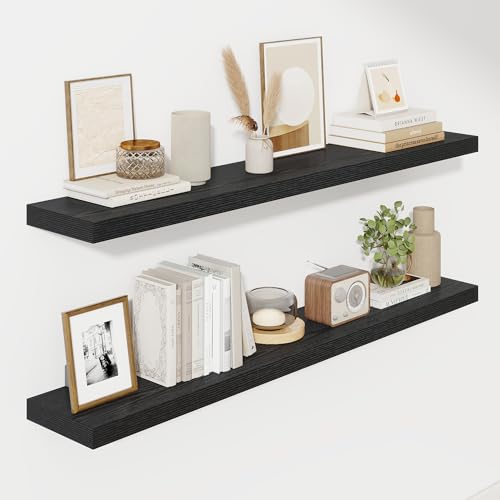 Fun Memories 55 Inch Floating Shelves for Wall, Fireplace Mantel Shelf with Invisible Heavy Duty Bracket, 8 Inch Deep Storage Shelf for Living Room, Kitchen, Farmhouse, Black (2-Pack) - color: Black, size: 55"L x 8"D