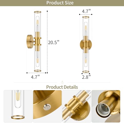 Battery Operated Wall Sconces Set of 2 with Remote Control, Gold, 8000mAh - color: Gold(Clear Tubular Lampshade)