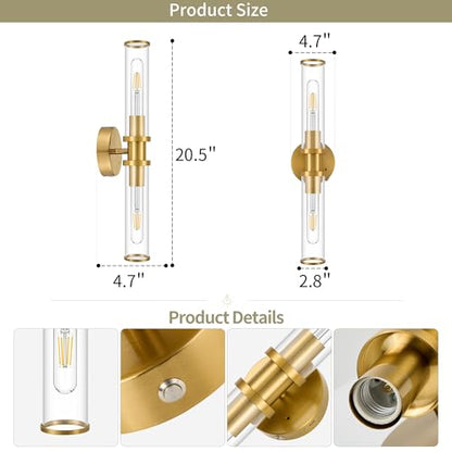 Battery Operated Wall Sconces Set of 2 with Remote Control, Gold, 8000mAh - color: Gold(Clear Tubular Lampshade)