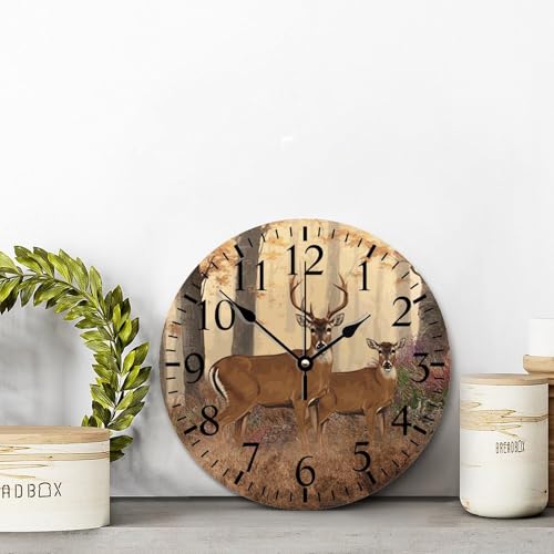 Deer Buck Large Wooden Wall Clocks Battery Operated 12 Inch Autumn Hunting Clock Rustic Wall Art Farmhouse Home Decor for Bedroom Living Room Kitchen School Office