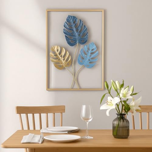 Bohemian 3D Metal Leaf Gold Wall Art Set of 3 | Boho Hallway Wall Hanging Home Decor for Farmhouse Living Room, Office, Bedroom, Indoor, Outdoor | Large Modern Minimalist Gold Metal Wall Sculptures(16x11")