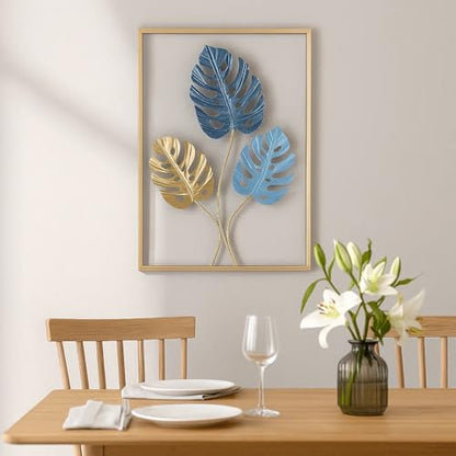 Bohemian 3D Metal Leaf Gold Wall Art Set of 3 | Boho Hallway Wall Hanging Home Decor for Farmhouse Living Room, Office, Bedroom, Indoor, Outdoor | Large Modern Minimalist Gold Metal Wall Sculptures(16x11")