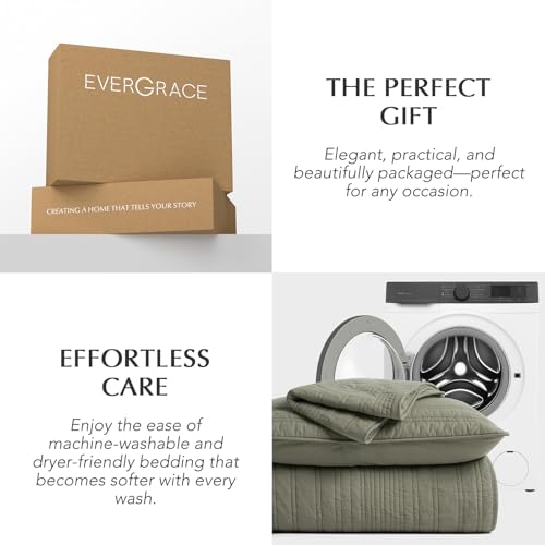 EVERGRACEHOME 100% Cotton Modern Lines Quilt Set Queen Size, Olive Green - color: Olive Green, size: Full/Queen (92" X 92")