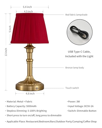 KDG Gold Cordless Table Lamps Set of 2, Red Fabric Shade Small Desk Lamp - color: Gold + Red Lampshde (2 Pack)