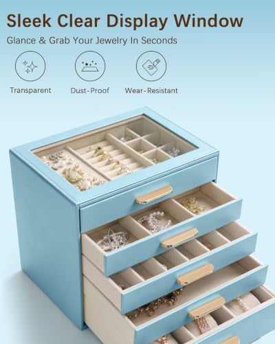 Homeanda Jewelry Boxes Organizer with Glass Lid, 5-Layer PU Leather, Blue - color: Smoky Blue, size: 5 Layer