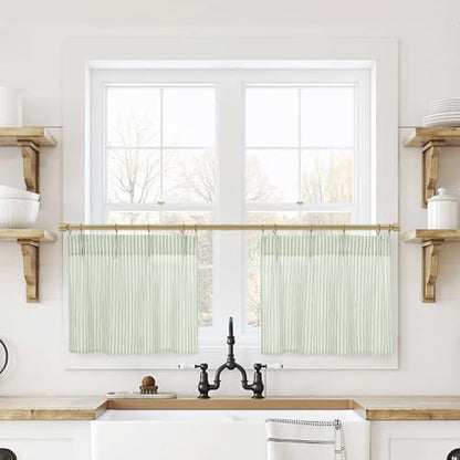 Lino Rosa Sage Green Kitchen Curtains Small 18 Inch Length Sheer Pinch Pleated Curtains with Hooks for Bathroom Window - color: Sage Green, size: 24"W x 18"L (Pack of 2)