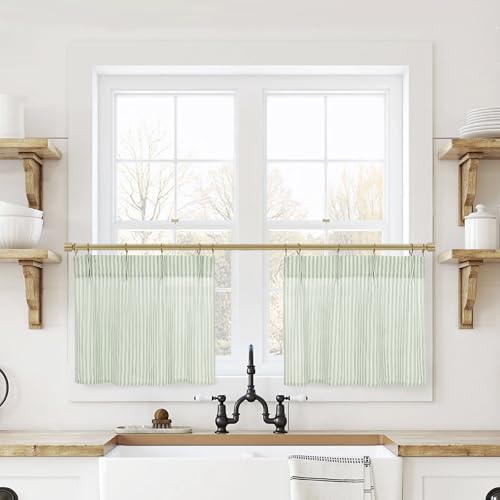 Lino Rosa Sage Green Kitchen Curtains Small 18 Inch Length Sheer Pinch Pleated Curtains with Hooks for Bathroom Window - color: Sage Green, size: 24"W x 18"L (Pack of 2)