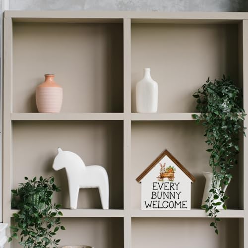 Easter Home Decor, Every Bunny Welcome House Shaped Wood Block Sign - color: bunny