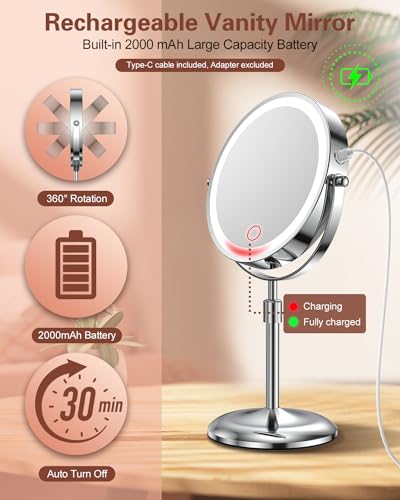 7" Lighted Makeup Mirror with Magnification 10X, Height Adjustable,3 Lights - color: Silver