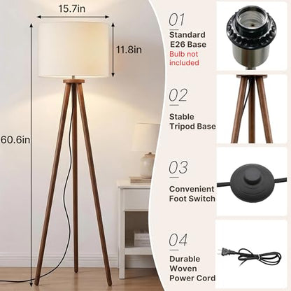 Buruis 60.6 Inch Walnut Wood Tripod Floor Lamp with Linen Drum Shade, Cream - color: Cream