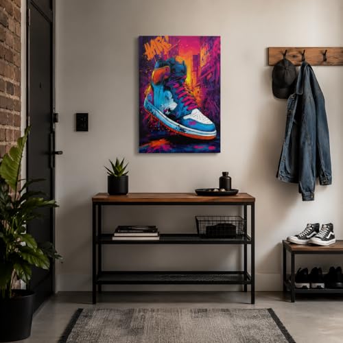 Urban Sneaker Canvas Wall Art Bold Framed Street Style Artwork 16x24 Inch - color: Graffiti Sneakers, size: 24"L x 16"W