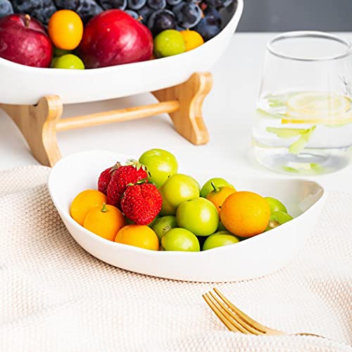 XUDREZ 3-Tier Ceramic Fruit Basket with Bamboo Tray, Large Capacity - color: Green