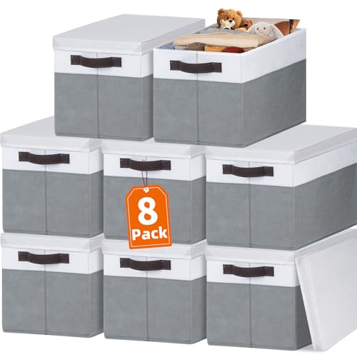 Extra Large Storage Baskets with Lids 8 Pack, 33 QT Blanket Basket for Organizing/ Stackable Decorative Closet Organizers and Storage Box for Clothes Towels/ Toy Organizers Bins with Handles/ 16x12 - color: White with Grey, size: 8pcs-Extra Large