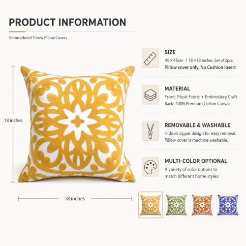 Alysheer Boho Embroidered Throw Pillow Cover 18"x18", 2pcs Mustard Yellow - color: Gold, size: 18" x 18" (Pack of 2)