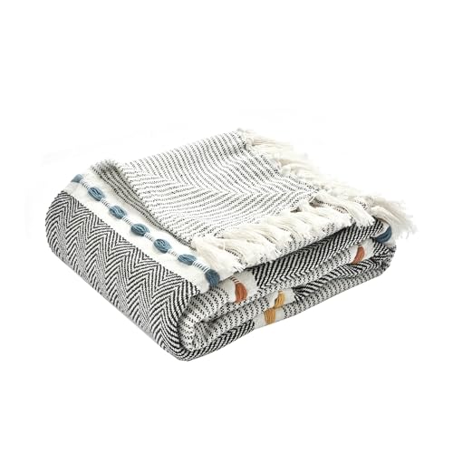 Lush Decor Herringbone Stripe Woven Tassel Yarn Dyed Cotton Throw Blanket 50" W x 60" L Black & Multi - Striped Throw Blankets - Black Couch Blanket - color: Black & Multi
