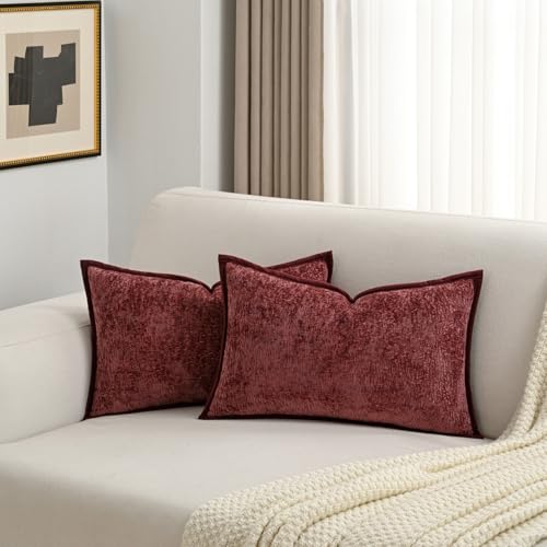 FUTEI Pack of 2 Chenille Soft Throw Pillow Covers 12x20 Inch, Burgundy - color: Burgundy, size: 20" x 12" (Pack of 2)
