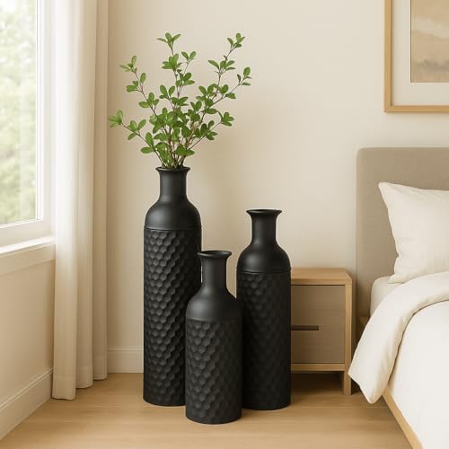 Leewadee Black Tall Floor Vase, Set of 3 Decorative 26/21/16″ Large Vases from Metal for Home Decor Living Room, Style with Pampas Grass for Modern, Vintage, Rustic or Farmhouse Room Decor - color: Black