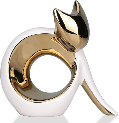 Abstract Sitting Modern Cat Sculpture for Home Decor, 5.9'' White and Gold Ceramic Minimalist Cat Figurine, Decorative Animal Statue for Table Shelf Desk Mantle Entryway, for Cats Lovers - color: Gold