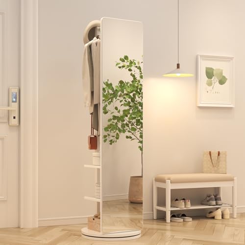 Muwuele Solid Wood Rotary Full Length Mirror Coat Rack, 69" x 20" Oversize Standing Mirror Full Length, Floor Mirror for Bedroom, Living Room, Entryway (White) - color: White