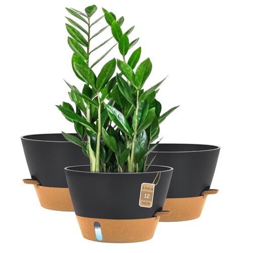 12 Inch Self Watering Pot with Visual Water Window, Drainage Holes & Watering Lip, Set of 3 Large Plastic Planters for Indoor Outdoor Plants, Modern Decorative Flower Pot (Grey) - color: Gray, size: 12 Inch-Set of 3