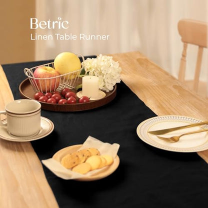 100% Pure Linen Extra Long Table Runner - 14 x 108 Inch Farmhouse Dining Table Runner, Perfect for Fall, Thanksgiving, and Christmas -Athena -Black - color: Black, size: 14 X 108 inch