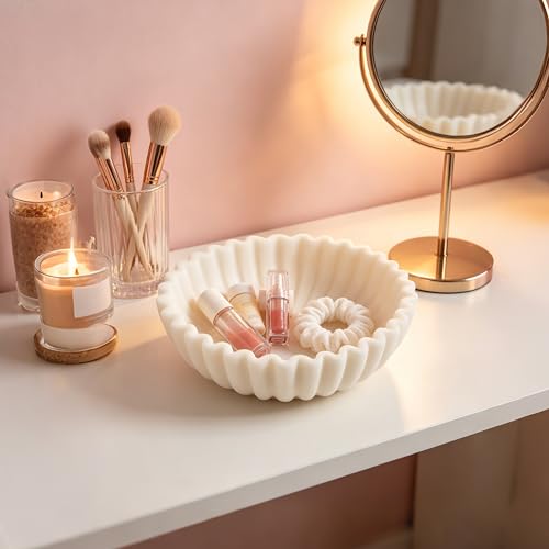 White Marble Style Decorative Bowl, Entryway Console Centerpiece - color: White - Scalloped