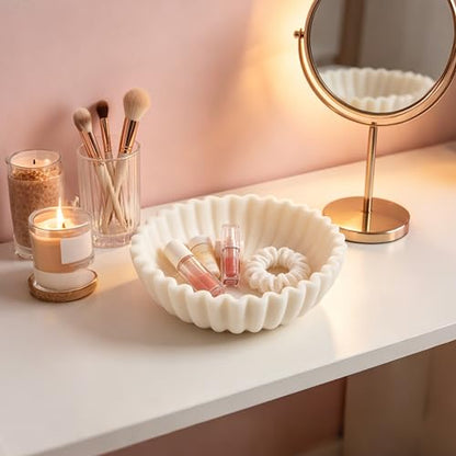 White Marble Style Decorative Bowl, Entryway Console Centerpiece - color: White - Scalloped